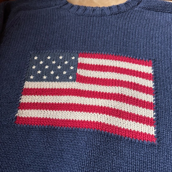 Land’s End Vintage USA Flag Motif Blue Crewneck 100% cotton Sweater 4th of July - Picture 4 of 10